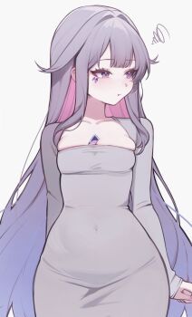 1girl absurdres averting_eyes breasts center-flap_bangs chest_jewel closed_mouth colored_inner_hair commentary covered_navel dongtan_dress double-parted_bangs dress gem gradient_hair grey_dress grey_hair hair_flaps highres hololive hololive_english jewel_under_eye koahri koseki_bijou long_hair long_sleeves multicolored_hair pink_hair pout purple_eyes purple_gem purple_hair sidelocks simple_background small_breasts solo tight_clothes very_long_hair virtual_youtuber white_background 