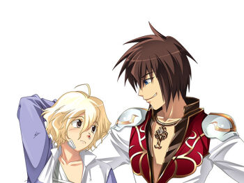  2boys acolyte_(ragnarok_online) blonde_hair blue_coat blue_eyes brown_hair brown_shirt closed_mouth coat commentary_request cross cross_necklace dated_commentary gauze gauze_on_cheek gold_trim grin high_priest_(ragnarok_online) jewelry long_sleeves looking_at_another male_focus multicolored_coat multiple_boys necklace oomojiya ragnarok_online red_coat shirt short_hair simple_background smile two-tone_coat upper_body white_background white_coat yellow_eyes 