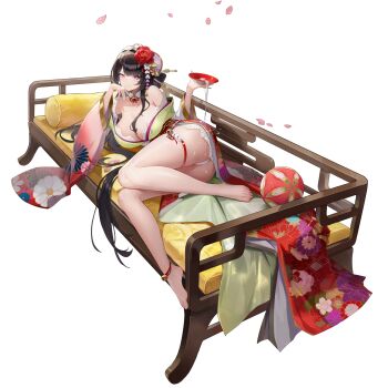  1girl ankle_bell ankle_ribbon ass barefoot black_hair breasts cherry_blossoms cleavage collarbone cup falling_petals floral_print floral_print_kimono flower game_cg hair_flower hair_ornament hairpin heart heart_hair_ornament highres hinomiya_shion hinomiya_shion_(oath) holding holding_cup japanese_clothes kimono large_breasts leg_ribbon long_hair looking_at_viewer lying multiple_hairpins non-web_source off_shoulder official_alternate_costume on_side panties petals poker_fate print_kimono purple_eyes red_flower red_rose ribbon rose sakazuki solo spilling thigh_bell thigh_strap thighs transparent_background underwear very_long_hair white_panties yellow_kimono 