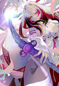 1girl 832cy animal_ears black_streaks china_dress chinese_clothes dress earrings fox_ears fox_girl hair_flaps hashtag-only_commentary headband highres holding holding_sword holding_weapon jewelry long_hair red_eyes red_streaks sleeveless sword tassel tassel_earrings thighs very_long_hair weapon white_hair ye_shunguang zenless_zone_zero 