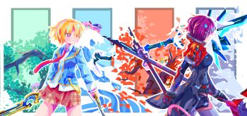  2girls absurdres aikawa_megumi asakura_karen_(heaven_burns_red) brown_hair commentary_request dual_wielding evanhehehe from_side heaven_burns_red highres holding holding_weapon izumi_yuki_(heaven_burns_red) kayamori_ruka kunimi_tama multiple_girls necktie purple_hair school_uniform short_hair sword tezuka_saki toujou_tsukasa weapon 