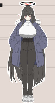  1girl black_hair black_pants blue_archive blunt_bangs blush breasts coat commentary_request fur-trimmed_jacket fur_trim geneakarin hair_ornament hairclip halo hands_in_pockets heart highres huge_breasts jacket long_hair pants red_eyes reference_sheet rio_(blue_archive) shoes smile solo sweater turtleneck turtleneck_sweater very_long_hair white_shoes white_sweater winter_clothes winter_coat 
