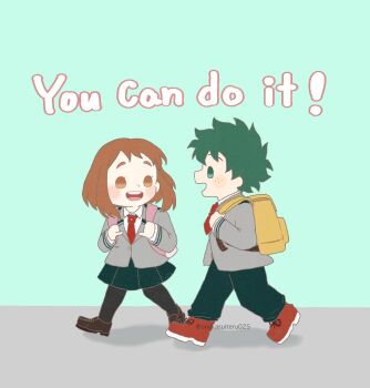  1boy 1girl bag black_thighhighs blazer blush boku_no_hero_academia brown_eyes brown_hair brown_shoes collared_shirt commentary_request double_horizontal_stripe freckles green_background green_eyes green_hair green_pants green_skirt grey_jacket happy hetero highres jacket loafers midoriya_izuku multicolored_hair necktie onakasuiteru025 open_mouth pants pink_bag red_necktie red_shoes school_uniform shirt shoes short_hair skirt split-color_hair teeth thighhighs u.a._school_uniform uraraka_ochako walking white_shirt yellow_bag 
