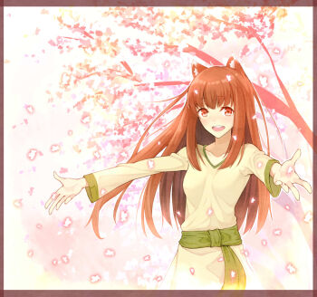  1girl animal_ears border brown_hair female_focus highres holo long_hair outstretched_arms red_eyes smile solo spice_and_wolf tree uyu_(keyakinoki) wolf_ears  rating:Sensitive score:11 user:Notis