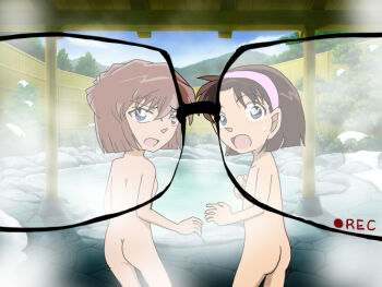  2girls aru ass blue_eyes brown_hair female_focus glasses glasses_view haibara_ai loli meitantei_conan multiple_girls nude pov recording yoshida_ayumi 