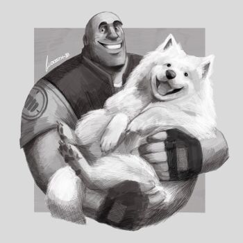 1boy animal artist_name bald bgloosth commentary cropped_torso dog dog_request english_commentary fingerless_gloves gloves greyscale grin heavy_(tf2) highres holding holding_animal holding_dog male_focus monochrome open_mouth short_sleeves simple_background smile solo team_fortress_2 thick_arms upper_body watermark 