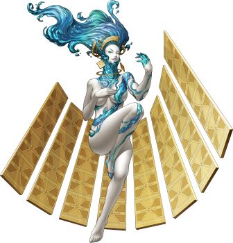  1girl absurdres anahita_(megami_tensei) aqua_eyes aqua_sclera barefoot colored_sclera colored_skin demon_(megami_tensei) doi_masayuki earrings hand_on_own_chest highres jewelry liquid_hair looking_at_viewer nude official_art photoshop_(medium) shin_megami_tensei shin_megami_tensei:_deep_strange_journey shin_megami_tensei:_strange_journey solo third-party_source transparent_background water water_drop white_skin 