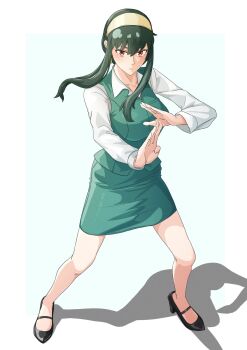  1girl aqua_skirt aqua_vest black_hair black_shoes collared_shirt commentary fighting_stance formal_clothes full_body hairband highres hutarikiri2025 long_sleeves looking_at_viewer office_lady red_eyes shadow shirt shoes sidelocks skirt skirt_suit solo spy_x_family standing suit vest white_shirt yellow_hairband yor_briar 