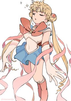  1girl artist_name bishoujo_senshi_sailor_moon blonde_hair blue_sailor_collar blue_skirt boots bow bowtie choker circlet closed_eyes commentary covered_navel crescent crescent_choker crescent_earrings earrings elbow_gloves gloves highres jewelry knee_boots long_hair magical_girl masaartjv miniskirt red_boots red_bow red_bowtie red_choker sailor_collar sailor_moon sailor_senshi sailor_senshi_uniform simple_background skirt solo star_(symbol) tsukino_usagi twintails very_long_hair white_background white_gloves 