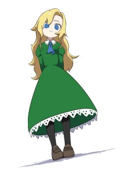  1girl arms_behind_back ascot blonde_hair blue_eyes collared_dress dress from_below full_body head_tilt highres ib_(kouri) juliet_sleeves lace lace-trimmed_dress lace_trim loafers long_hair long_sleeves looking_at_viewer mary_(ib) pantyhose puffy_sleeves shadow shoes simple_background smile solo uzou_(uzooooooooo) white_background 