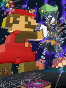  2girls 4boys artist_name aura barry_(paper_mario) battle blonde_hair book boomer_(paper_mario) bowser brown_hair brown_shirt brown_shoes bug butterfly carrie_(paper_mario) castle commentary_request crystal cudge_(paper_mario) dashell dimentio door dottie dress facial_hair fleep floating flying giant gloves green_hat hat heart highres holding holding_hands holding_umbrella insect long_hair luigi maribou_(supermaribou) mario mario_(series) mimi_(paper_mario) multiple_boys multiple_girls mustache neck_ruff nintendo o'chunks open_mouth overalls paper_bowser paper_mario paper_peach piccolo_(paper_mario) pink_dress pointing princess_peach red_hat red_overalls sharp_teeth shirt shoes short_hair slim_(paper_mario) staff standing super_dimentio super_paper_mario super_star_(mario) surprised teeth thoreau thudley tippi_(paper_mario) twitter_username umbrella umbrella_riding white_gloves 