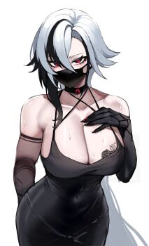  1girl absurdres alternate_costume arlecchino_(genshin_impact) black_eyes black_hair black_hands black_mask black_skin breasts chest_tattoo clawed_hands cleavage colored_extremities colored_skin dress genshin_impact grey_hair hair_between_eyes highres large_breasts long_hair looking_at_viewer mask masoq mouth_mask multicolored_hair red_pupils revision solo streaked_hair sweat symbol-shaped_pupils tattoo white_hair x-shaped_pupils  rating:Sensitive score:80 user:danbooru