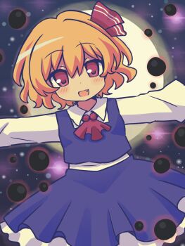  1girl ascot black_skirt black_vest blonde_hair blush collared_shirt commentary darkness fang full_moon hair_ribbon highres long_hair long_sleeves looking_at_viewer moon open_mouth outstretched_arms red_ascot red_eyes red_ribbon ribbon rumia shirt silverrain skirt skirt_set smile solo spread_arms touhou umbrakinesis vest white_shirt 