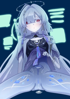  1girl :o absurdres after_vaginal albino arm_at_side beef_stroganof blue_pussy bottomless bracelet breasts censored clothes_lift colored_eyelashes colored_pussy commentary_request cowboy_shot crystal_shards cum cum_in_pussy cumdrip earrings ejaculation expressionless gluteal_fold gold_bracelet gold_ring gradient_clothes gradient_shirt hair_intakes hair_ornament hair_over_one_eye halo highres id_card internal_cumshot jacket jellyfish_cut jewelry large_variant_set leg_tattoo lifting_own_clothes light_blush long_hair looking_at_viewer mornye_(wuthering_waves) mosaic_censoring open_clothes open_jacket pale_skin parted_lips partial_commentary presenting presenting_pussy purple_shirt pussy red_eyes ring see-through_body shirt shirt_lift short-sleeved_jacket short_sleeves simple_background sitting small_breasts solo spread_legs tacet_mark_(wuthering_waves) tattoo thighs triangle_earrings triangle_hair_ornament uterus variant_set very_long_hair white_eyelashes white_hair white_jacket wuthering_waves x-ray 