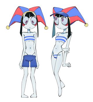  1girl :| absurdres arms_at_sides arms_behind_back bandeau bare_shoulders bikini black_hair blue_bandeau blue_bikini blue_eyes blue_hat blue_male_swimwear blue_shorts blush_stickers breasts casto_(csto0000) closed_mouth collarbone colored_skin expressionless eyelashes full_body groin hat heel_up highleg highleg_bikini highres holding_own_arm jester_cap looking_ahead looking_down looking_up male_swimwear midriff multicolored_bikini multicolored_eyes navel pigeon-toed pom_pom_(clothes) pomni_(the_amazing_digital_circus) red_eyes red_hat shorts sidelocks simple_background small_breasts solo_focus standing string_bikini striped_bandeau striped_bikini striped_clothes swim_trunks swimsuit the_amazing_digital_circus thigh_gap two-tone_bandeau two-tone_bikini two-tone_eyes two-tone_hat white_background white_bandeau white_bikini white_skin wide-eyed 