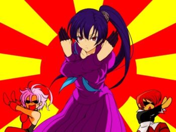  1boy 2girls kagami_jun kurosaki_miu multiple_girls pose_imitation red_hair school_uniform snk the_king_of_fighters the_king_of_fighters_ex2 yagami_iori  rating:General score:1 user:Toraji99