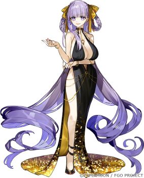  1girl absurdly_long_hair arm_under_breasts bb_(fate) bb_dubai_(fate) belly_chain black_dress braid braided_hair_rings breasts center_opening cleavage curvy dress fabulous facial_hair fate/grand_order fate_(series) full_body gold_dress hair_ribbon hair_rings huge_breasts jewelry long_hair nail_polish necklace official_art plunging_neckline purple_eyes purple_hair ribbon side_slit sideboob simple_background solo stubble twin_braids very_long_hair wada_arco white_background yellow_ribbon 