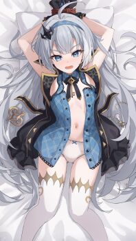  1girl absurdres arms_bound_above_head black_dress black_gloves black_ribbon blue_dress blue_eyes blush bound bound_wrists bow bow_panties breasts chess_piece coat_dress commentary dress extra_pupils fang feet_out_of_frame female_tyrant_(stella_sora) frilled_gloves frills from_above gloves grey_hair highres jewelry key key_necklace layered_dress long_hair looking_at_viewer lying navel neck_ribbon necklace on_back on_bed open_clothes open_dress open_mouth panties pillow pointy_ears ribbon ripnte sleeveless sleeveless_dress small_breasts solo stella_sora stomach thigh_gap thighhighs tyrant_(stella_sora) underwear very_long_hair white_panties white_thighhighs 