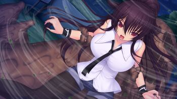  1girl black_necktie black_pantyhose breasts casual denim denim_shorts dutch_angle game_cg genseishinki_sacred_virth large_breasts leaf long_hair looking_at_viewer monster necktie night non-web_source official_art open_mouth pantyhose pantyhose_under_shorts ponytail red_eyes restrained shirt short_shorts shorts sleeveless solo variant_set white_shirt wind wristband yuugure_pairo yuuki_setsu 