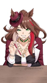  1girl absurdres animal_ears black_shirt bracelet braid breasts brown_hair choker collarbone commentary ears_through_headwear fedora forever_young_(umamusume) green_choker green_eyes hat highres holding holding_removed_eyewear horse_ears horse_girl jacket jewelry large_breasts long_hair looking_at_viewer multicolored_hair necktie obosounds open_mouth ponytail red-tinted_eyewear red_jacket red_streaks shirt smile solo streaked_hair sunglasses teeth tinted_eyewear umamusume unworn_eyewear white_necktie white_streaks 