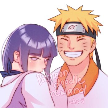  1boy 1girl adversarial_noise artist_name black_headband blonde_hair closed_eyes commentary english_commentary facial_mark forehead_protector grin headband hood hooded_jacket hyuuga_hinata iamdslr jacket naruto_(series) naruto_shippuuden purple_eyes purple_hair sidelocks smile uzumaki_naruto watermark whisker_markings 