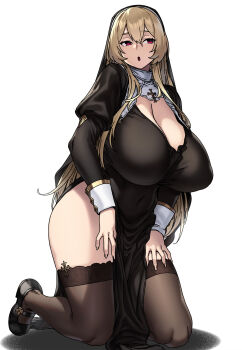  1girl black_dress black_veil blonde_hair breasts brown_thighhighs cleavage collar dress highres houtengeki huge_breasts kneeling long_hair long_sleeves looking_to_the_side metal_collar nun open_mouth original pelvic_curtain red_eyes sidelocks thighhighs veil  rating:Sensitive score:10 user:creck