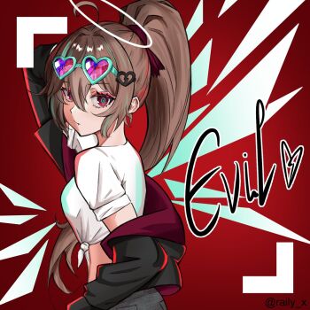  1girl ahoge arm_up black_background black_jacket breasts broken_heart broken_heart_hair_ornament brown_hair character_name closed_mouth evil_neuro-sama from_behind hair_between_eyes hair_ribbon halo hashtag-only_commentary heart heart-shaped_eyewear high_ponytail highres jacket long_hair looking_at_viewer looking_back medium_breasts neuro-sama ponytail raily_x red_ribbon ribbon shirt short_sleeves solo tied_shirt twitter_username vedal_ai virtual_youtuber white_halo white_shirt 