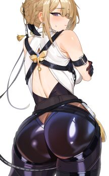  1girl absurdres aiden_(ofsb) arm_belt ass ass_focus back_cutout black_gloves black_pants blonde_hair blush braid breasts bun_with_braided_base chest_harness closed_mouth clothing_cutout commentary criss-cross_back-straps crossed_arms earrings evelyn_chevalier from_behind gloves hair_bun harness high-waist_pants highres jewelry latex_pants looking_at_viewer looking_back mole mole_under_eye pants purple_eyes ring_hair_ornament shiny_clothes shirt simple_background single_earring single_hair_bun sleeveless sleeveless_shirt solo standing sweatdrop tight_clothes tight_pants two-sided_gloves white_background white_shirt zenless_zone_zero  rating:Sensitive score:44 user:danbooru