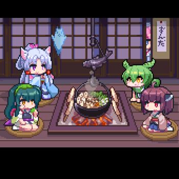 5girls ahoge all_fours animal_ears animated animated_gif blade blue_eyes blue_kimono blue_skirt brown_hair brown_kimono campfire commentary_request e79 eating fang fish food fox_ears fox_girl ghost green_hair green_hairband grey_hair hairband hanging_food hanging_scroll headgear high_ponytail holding holding_food hotpot irori_(hearth) japanese_clothes jitome jizaikagi kimono kiritanpo_(food) letterboxed long_hair long_sleeves looping_animation lowres multiple_girls muneate nabe nhk_(voiceroid) open_door orange_eyes peeking pixel_art pleated_skirt ponytail red_eyes scroll seiza shikoku_metan short_kimono shouji sitting skin_fang skirt sleeves_past_fingers sleeves_past_wrists sliding_doors smile steam tatami touhoku_itako touhoku_kiritan touhoku_zunko voiceroid voicevox wide_shot wide_sleeves wooden_floor zundamon