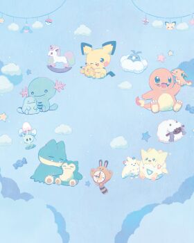  blue_background blue_clouds charizard charmander clock desk_lamp dream_ball galarian_form galarian_ponyta gen_1_pokemon gen_2_pokemon gen_3_pokemon gen_4_pokemon gen_7_pokemon gen_8_pokemon highres holding holding_stuffed_toy lamp morelull munchlax nintendo official_art pichu pikachu poke_ball poke_ball_(basic) pokemon pokemon_(creature) promotional_art quagsire rare_candy rocking_horse sentret snorlax star_(sky) stuffed_animal stuffed_toy swablu togekiss togepi wailord wall_clock wooloo wooper 