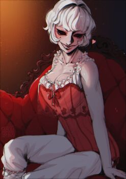  1girl black_eyes black_lips blackberreh-art breasts cleavage colored_sclera corset demon_girl hazbin_hotel hellaverse highres looking_at_viewer mole mole_on_breast red_corset rosie_(hazbin_hotel) sharp_teeth short_hair smile solid_eye teeth victorian white_hair 