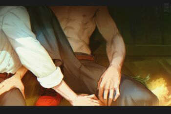  2boys abs absurdres belt bouquet commentary_request flower fushiguro_megumi hand_on_another's_leg head_out_of_frame highres itadori_yuji jinrozenrot jujutsu_kaisen male_focus multiple_boys nipples pants red_belt red_shoes shirt shirt_tucked_in shoes sleeves_rolled_up suit_pants topless_male watermark white_shirt yaoi 