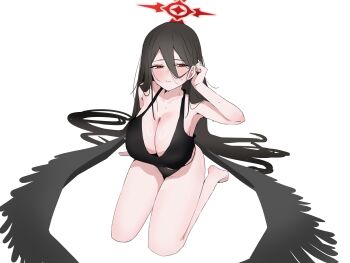  1girl absurdres alternate_costume black_bra black_hair black_panties black_wings blue_archive blush bra breasts cleavage feathered_wings from_above full_body hair_between_eyes half-closed_eyes halo hasumi_(blue_archive) highres large_breasts long_hair looking_at_viewer low_wings oversized_wings panties red_eyes red_halo showtime775 sitting solo underwear wariza white_background wings 