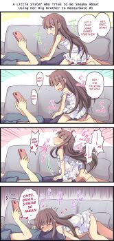 1boy 1girl 4koma after_masturbation ahoge black_shorts blue_shirt blush brother_and_sister brown_eyes brown_hair cellphone closed_eyes comic dress english_text female_masturbation female_orgasm frottage head_out_of_frame hetero highres incest loli long_hair lying masturbation moaning on_back on_stomach open_mouth orgasm original paid_reward_available panties pantyshot phone pink_panties shirt shorts siblings smartphone straddling strap_slip sundress tomagiri trembling underwear white_dress rating:Questionable score:377 user:SassyLoliCorrector