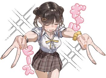  1girl bracelet breasts brown_hair brown_skirt closed_eyes collared_shirt commentary_request double_bun double_gyaru_v dress_shirt earrings fingernails foreshortening gyaru gyaru_v hair_bun highres idolmaster idolmaster_shiny_colors jewelry loose_neck_ribbon nail_polish neck_ribbon orange_nails outstretched_arms piercing plaid_clothes plaid_skirt pleated_skirt ribbon scrunchie shirt short_sleeves simple_background skirt solo sonoda_chiyoko standing stud_earrings tongue_piercing v white_background white_shirt wrist_scrunchie yamada_no_orochi yellow_ribbon 