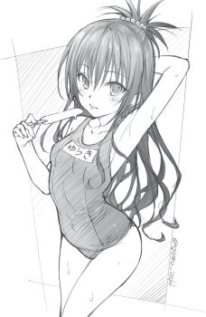  1girl arm_up armpits blush commentary_request food highres isshi_pyuma loli long_hair monochrome name_tag old_school_swimsuit one-piece_swimsuit popsicle school_swimsuit sketch solo swimsuit thighs to_love-ru tongue tongue_out topknot yuuki_mikan 