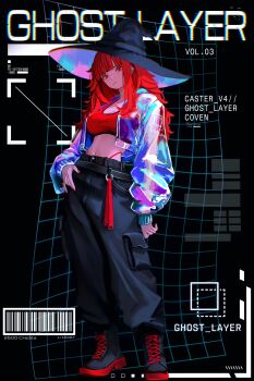  1girl barcode belt black_background black_belt black_boots black_hat black_pants black_trim blue_hat blue_jacket blunt_bangs boots breasts check_clothing chromatic_aberration closed_mouth clothing_request commentary cover english_commentary english_text expressionless eyeshadow fake_cover glitch grid hand_on_own_thigh hat highres jacket long_hair long_sleeves makeup medium_breasts midriff modeling multicolored_boots navel original pants pink_hat pink_jacket red_boots red_eyes red_hair red_ribbon red_sports_bra ribbon see-through_clothes see-through_jacket shapes solo sports_bra tie-dye two-sided_fabric two-tone_boots val_(yan_kodiac) witch_hat yan_kodiac 