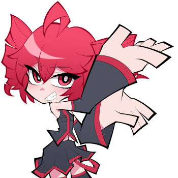  1girl ahoge arms_up bare_shoulders black_shirt blush collared_shirt commentary_request drill_hair grin highres kasane_teto kasane_teto_(utau) looking_to_the_side okitya panty_&amp;_stocking_with_garterbelt panty_&amp;_stocking_with_garterbelt_(style) red_eyes red_hair shirt simple_background skirt sleeveless sleeveless_shirt smile solo twin_drills utau vocaloid 