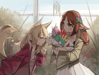  2girls absurdres alternate_costume animal_ears arknights black_shirt blue_flower blush bouquet brown_jacket closed_eyes commentary dog_ears dog_girl dog_tail envelope extra_ears flower fox_ears fox_girl greenhouse hairband heart highres holding holding_bouquet jacket multiple_girls open_mouth perfumer_(arknights) plant podenco_(arknights) red_jacket shirt skirt smile tail togekk0 too_many_flowers white_flower white_hairband white_shirt white_skirt yuri 