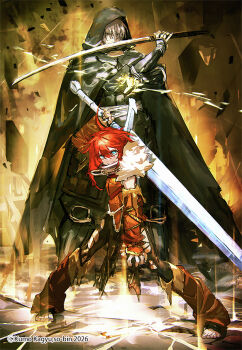  1boy 1girl armor black_cape black_hood black_pants blade_&amp;_bastard blue_eyes cape collar commentary_request copyright_notice cover_image full_body garbage_(blade_&amp;_bastard) greatsword hands_up highres holding holding_sword holding_weapon huge_weapon iarumas_(blade_&amp;_bastard) katana leather_armor looking_at_viewer metal_collar official_art pants red_hair short_hair single_sidelock so-bin standing sword toes torn_clothes torn_pants weapon white_hair wizardry 