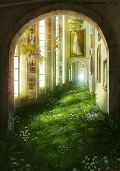  arch chromatic_aberration flower indoors no_humans open_window original painting_(object) plant portrait_(object) scenery takano_takao window  rating:General score:10 user:lahdeedah