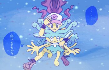  1girl baseball_cap black_socks blue_eyes blush brown_hair brown_shoes closed_eyes closed_mouth commentary_request dive_(pokemon) gen_5_pokemon hand_on_headwear hat hilda_(pokemon) long_hair majiesa1129 nintendo pokemon pokemon_bw pokemon_move riding riding_pokemon shoelaces shoes simipour socks speech_bubble sweatdrop thought_bubble translation_request underwater wavy_mouth white_hat 