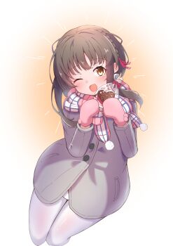  1girl 702_(naotsu) absurdres braid brown_eyes brown_hair candy chocolate chocolate_heart coat commentary_request crown_braid food grey_coat heart heart-shaped_food highres kantai_collection mittens official_alternate_costume one_eye_closed pantyhose pink_mittens pink_scarf plaid_clothes plaid_scarf scarf short_hair_with_long_locks smile solo ukuru_(kancolle) ukuru_(valentine)_(kancolle) white_pantyhose 