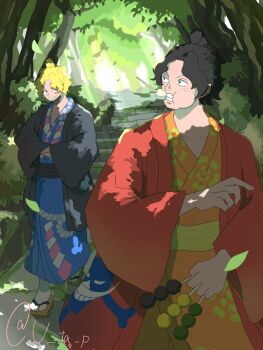  2boys black_hair blonde_hair blue_kimono chonmage commentary_request dango eating food freckles geta haori japanese_clothes jolly_roger kimono male_focus multiple_boys one_piece orange_kimono outdoors portgas_d._ace sabo_(one_piece) scar scar_on_face smile topknot u_ta_p wagashi whitebeard_pirates_jolly_roger wide_sleeves 