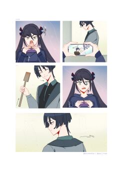  1boy 1girl absurdres alternate_costume alternate_universe aqua_eyes arataki_itto arrow_(symbol) artist_name asymmetrical_bangs black_jacket black_ribbon black_shirt black_sleeves blank_eyes blunt_bangs blunt_ends breast_pocket casual cellphone closed_eyes closed_mouth contemporary english_text facing_viewer fingernails genshin_impact genshinribu grey_eyes grey_jacket grey_sleeves hair_between_eyes hair_ribbon hand_up hands_up highres holding holding_phone holding_spatula horns idiot_sandwich_(meme) jacket left-to-right_manga long_hair long_sleeves looking_at_viewer meme mona_(genshin_impact) multicolored_hair open_mouth parted_bangs phone pocket purple_hair red_horns red_trim ribbon scaramouche_(genshin_impact) shirt sidelocks smartphone smile sound_effects spatula streaked_hair tsurime twintails undershirt white_hair wide-eyed 