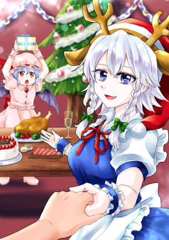  1other 2girls absurdres animal_ear_hairband animal_ears antlers apron back_bow bat_wings blue_eyes blue_hair bow box braid brown_hairband cake champagne_flute chicken_(food) christmas christmas_cake christmas_tree commentary_request commission cup deer_antlers deer_ears drinking_glass fake_animal_ears fake_horns food gift gift_box green_bow grey_hair hair_between_eyes hair_bow hairband hajimakura hand_grab hat highres holding holding_gift horn_hairband horns izayoi_sakuya long_hair maid mob_cap multiple_girls neck_ribbon pink_hat pink_shirt pink_skirt puffy_short_sleeves puffy_sleeves red_eyes red_hat red_ribbon remilia_scarlet ribbon santa_hat shirt short_sleeves skeb_commission skirt smile table tomato touhou twin_braids waist_apron white_apron white_bow wings wrist_cuffs 