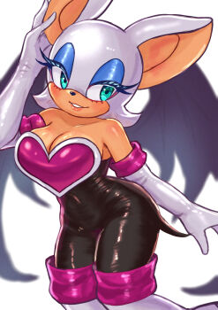  1girl absurdres bat_girl black_bodysuit blurry blurry_background bodysuit breasts commentary_request elbow_gloves eyelashes furry furry_female gloves green_eyes highres large_breasts pink_lips rouge_the_bat smile solo sonic_(series) standing white_background white_gloves zqzbq 
