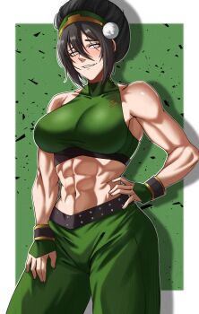  1girl abs absurdres ads aged_up avatar:_the_last_airbender avatar_legends black_hair blind breasts collarbone commentary_request fang fax61209 grey_eyes hair_between_eyes hair_bun hairband highres large_breasts midriff muscular muscular_female navel short_hair single_hair_bun smile solo toph_beifong 