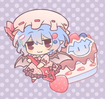  1girl :3 alternate_costume bat_wings blue_hair cake cake_slice chibi chibi_only closed_mouth commentary dress food fruit full_body hair_between_eyes hat hat_ribbon holding holding_polearm holding_weapon looking_at_viewer medium_hair mini_person minigirl mob_cap pink_dress pink_hat pointy_ears polearm polka_dot polka_dot_background polka_dot_dress puffy_short_sleeves puffy_sleeves purple_background red_eyes remilia_scarlet ribbon short_sleeves silverrain sleeve_bow smile solo spear spear_the_gungnir strawberry touhou weapon wings 