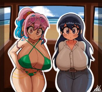  2girls arato_nagi arms_behind_back bare_shoulders beach belt bikini black_eyes black_hair blue_hair blue_pants bracelet breasts brown_belt buttons cleavage cloud collarbone collared_shirt covered_erect_nipples crossover earrings eyewear_on_head flower green_bikini hair_flower hair_ornament hands_on_own_hips heart heart-shaped_eyewear hoop_earrings hozuki_kaede huge_breasts indoors jewelry long_hair looking_at_viewer miks381 multicolored_hair multiple_girls necklace onii-chan_wa_oshimai! open_mouth outline pants pink-tinted_eyewear pink_eyes pink_hair ponytail red_flower ruri_no_houseki shirt sidelocks signature sky sunglasses swimsuit tinted_eyewear two-tone_hair water white_outline white_shirt window yellow_flower 